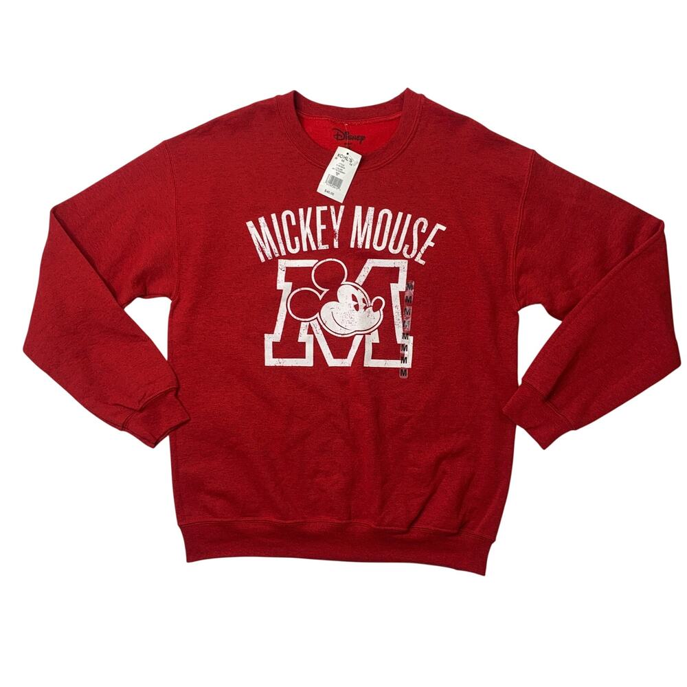 Disney Sweatshirt Mens M Medium Cherry Red Mickey Mouse Fleece Lined Crew Neck